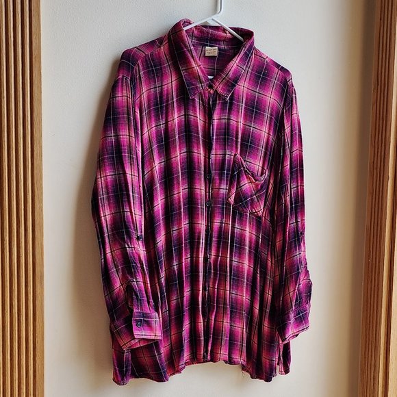 Faded Glory Tops - Faded Glory Pink/Black Plaid Flannel Button Down Shirt Size 3X